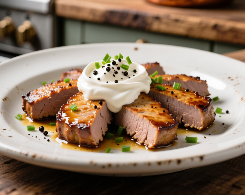 Печень индейки в сметане с гарниром из гречки