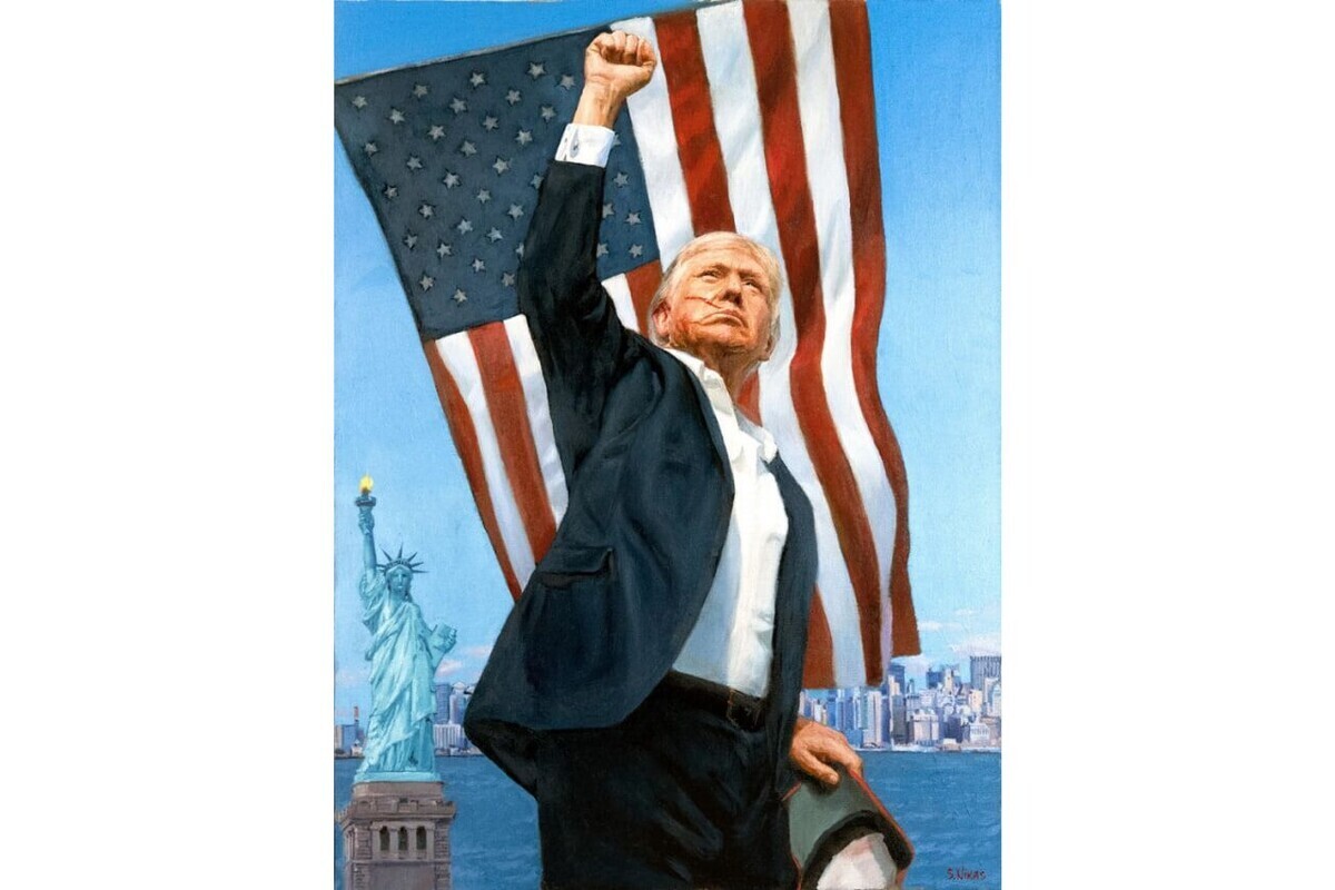 Подарок Путина Дональду Трампу в виде портрета на фоне флага США