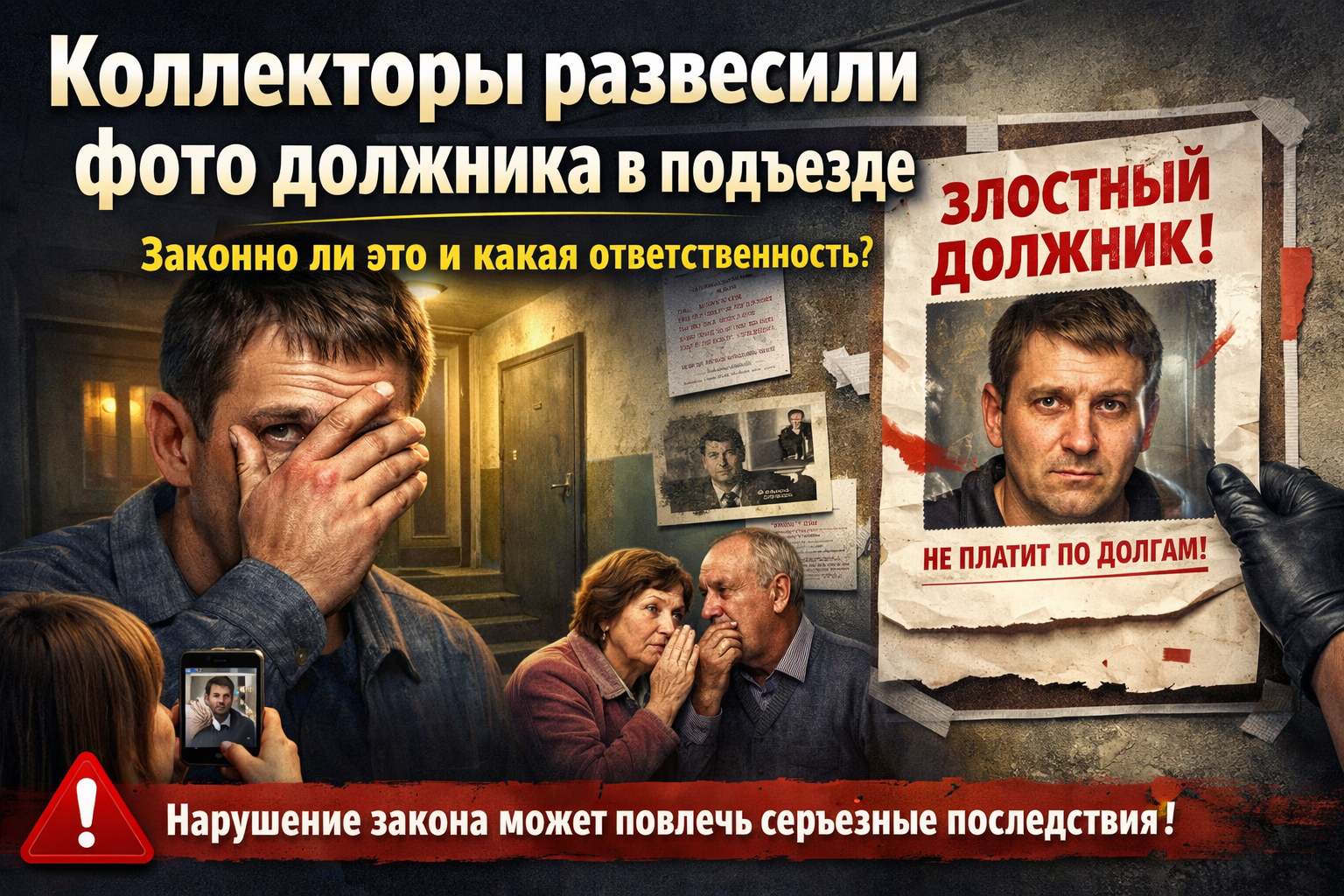 Коллекторы развесили фото должника в подъезде. Законно ли это и какая ответственность?